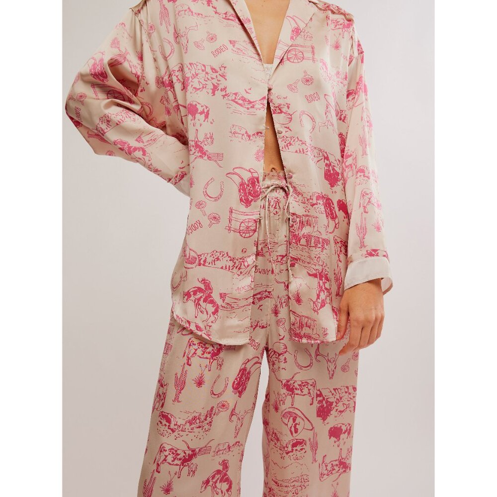 Free People Pink & Cream Western Print Satin Pajama Set